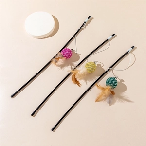 Set of three colorful cat teaser wands with woven balls and natural feathers for play