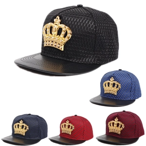 Hip Hop Snapback Baseball Cap Acrylic Mesh Faux Leather Brim Rhinestone Gold Crown Metal Logo Adjustable Breathable