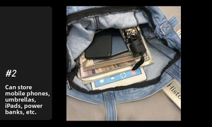 Interior view showing the large capacity of a denim tote bag with iPad and essentials