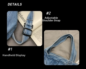 Detail view of the adjustable strap and handles on a vintage blue denim tote bag