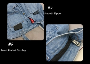 Detail of light blue denim bag featuring smooth black zipper and large front utility pockets