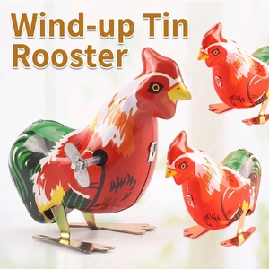 Classic wind-up tin rooster toy set in three sizes with vibrant vintage feather patterns