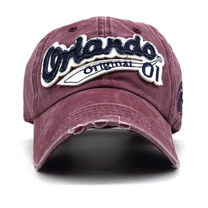 Vintage maroon washed cotton baseball cap with Orlando 01 distressed embroidery