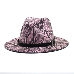 Pink and black snake print fedora hat with felt wool finish and metal buckle strap