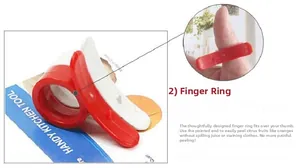 Detail of ring-style orange peelers in red and white showing usage on citrus fruit