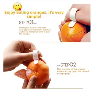 Two-step usage guide for ring-style plastic orange peeler tool for easy fruit skin removal