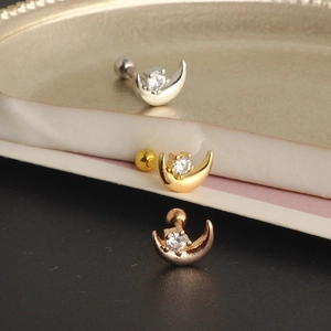 Star and moon stainless steel stud earrings with zircon inlay in three finishes
