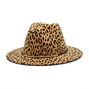 Close-up of leopard print wool fedora hat featuring a slim gold metallic band decoration