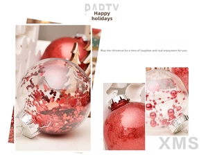 Detail of 6cm clear Christmas ornaments with red star sequins and glitter finish