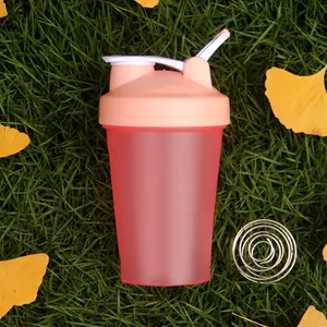 Close-up of portable red shaker bottle with mixing ball on grass with autumn leaves