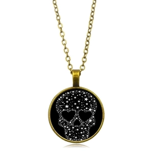 Vintage bronze necklace with skull pendant made of white stars and heart eyes