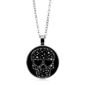 Silver chain necklace with a black skull pendant featuring star patterns and heart eyes