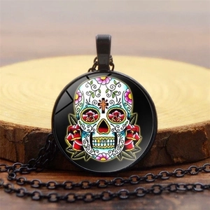 Silver Mexican Sugar Skull glass pendant necklace with colorful Day of the Dead rose art