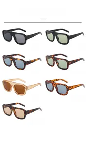 Detailed view of square oversized sunglasses showing seven different frame and lens colors