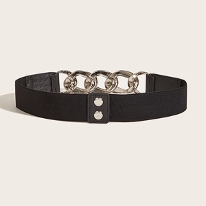 Elastic wide belt with silver metal chain buckle and rivet details for women's dresses