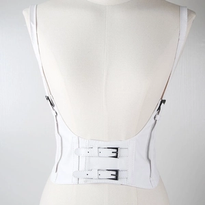 Detailed back view of white faux leather corset belt with adjustable metal buckles