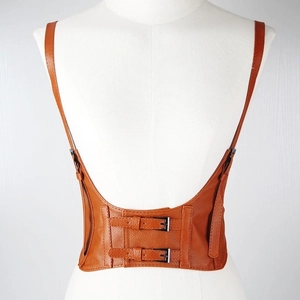 Brown punk style faux leather waist corset belt with shoulder straps and buckle back