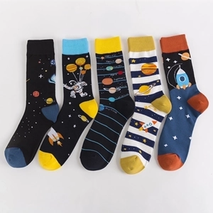Space Theme Crew Socks Cotton Blend Novelty Planet Astronaut Rocket Pattern Casual Hip Hop Unisex