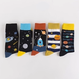 Five pairs of colorful space theme crew cotton socks with solar system planet patterns