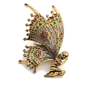 Vintage style butterfly fairy brooch with colorful enamel wings in antique gold finish
