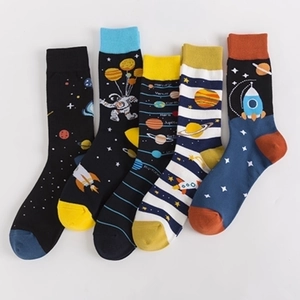 Five pairs of men's cotton crew socks featuring space astronaut and rocket patterns