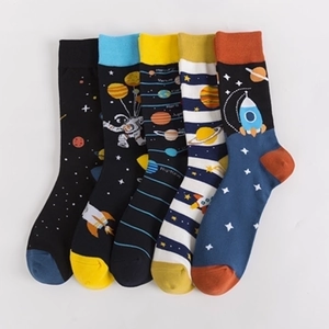 Five pairs of cotton space theme crew socks featuring astronauts, planets and rockets