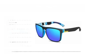Close-up of sports polarized sunglasses with blue HD lenses and matte black frames
