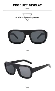 Front and side views of chunky black rectangular sunglasses with gray lenses
