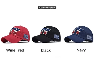 Three cotton baseball caps in wine red, black, and navy with detailed 3D letter embroidery