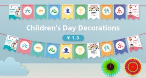 Close-up of Happy Children's Day festive paper banners and colorful decorative fans