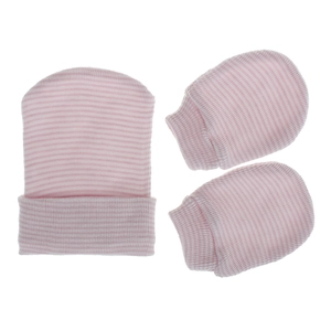 Newborn baby hat and mittens set with pink and white stripes in soft cotton knit