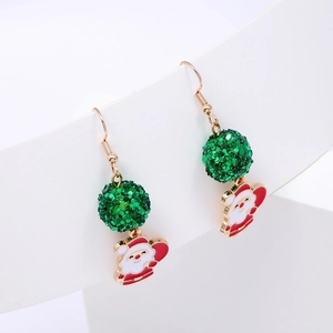Cartoon Santa Claus Christmas earrings with green glitter ball and golden hooks