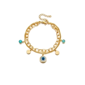 Double-layer gold chain bracelet with evil eye pendant and turquoise-style blue stone