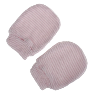 Pink and white striped knitted baby scratch mittens for newborn protection and warmth.
