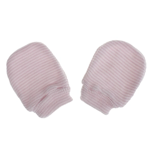 Close-up of pink and white striped newborn baby scratch mittens with ribbed cuffs