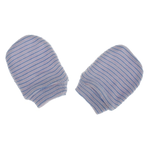 Detail of soft blue and white striped cotton knit baby mittens with elastic cuffs