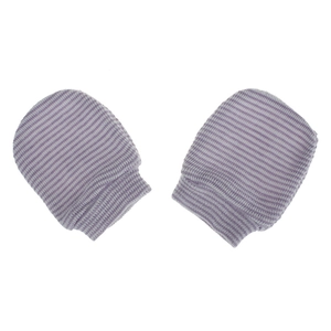 Detailed close-up of purple and white striped soft knitted baby anti-scratch mittens
