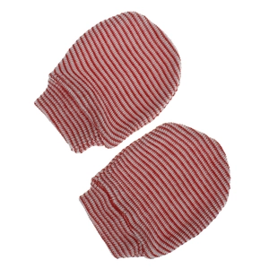 Detail view of newborn baby scratch mittens with red and white striped knit texture