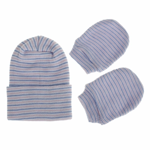 Detail of pink and blue striped knit cotton baby hat and mittens set for newborns