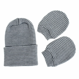 Detailed view of grey and black striped knitted baby hat and mittens set for newborns