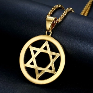 Hip hop gold plated stainless steel necklace with hexagram star round pendant