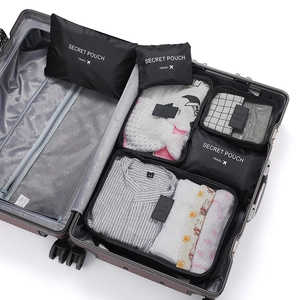 Close-up detail of travel organizer bags set neatly arranged inside suitcase for easy packing.