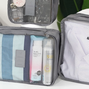 Gray mesh travel packing cubes set for organizing clothes, shoes, and toiletries efficiently.