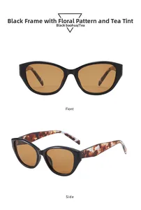 Détail de lunettes de soleil œil de chat avec monture noire et branches en écaille