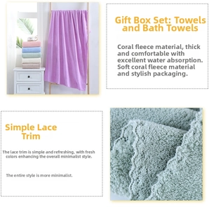 Macro detail of soft coral fleece bath towel with decorative scalloped lace edges