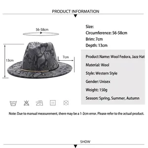 British style grey snake print wool fedora hat with 7cm brim and sizing measurements