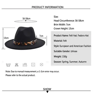 British style wool fedora hat with leopard print belt showing size and dimension chart