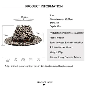 Classic leopard print wool jazz fedora hat with belt buckle and wide flat brim