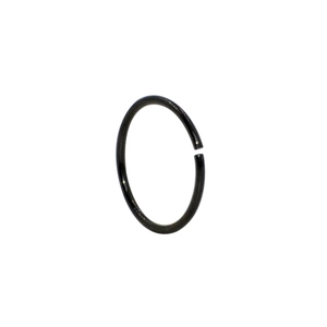 Detail of a minimalist black stainless steel C-shape nose ring with an open hoop design