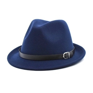Classic navy blue wool felt fedora hat with black leather band and metal buckle